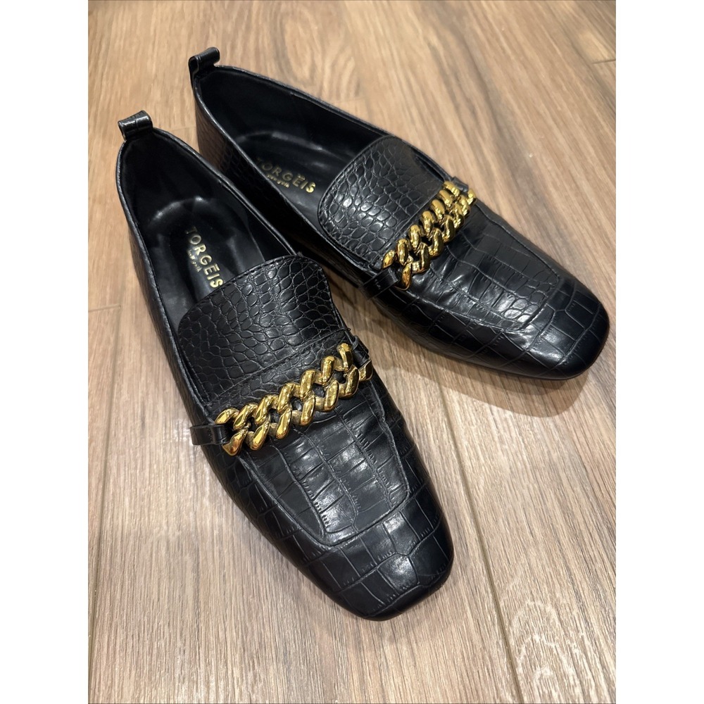 Torgeis Vain Loafers Black Faux Leather Croc Print Chunky Gold Chain Preppy Sz 8